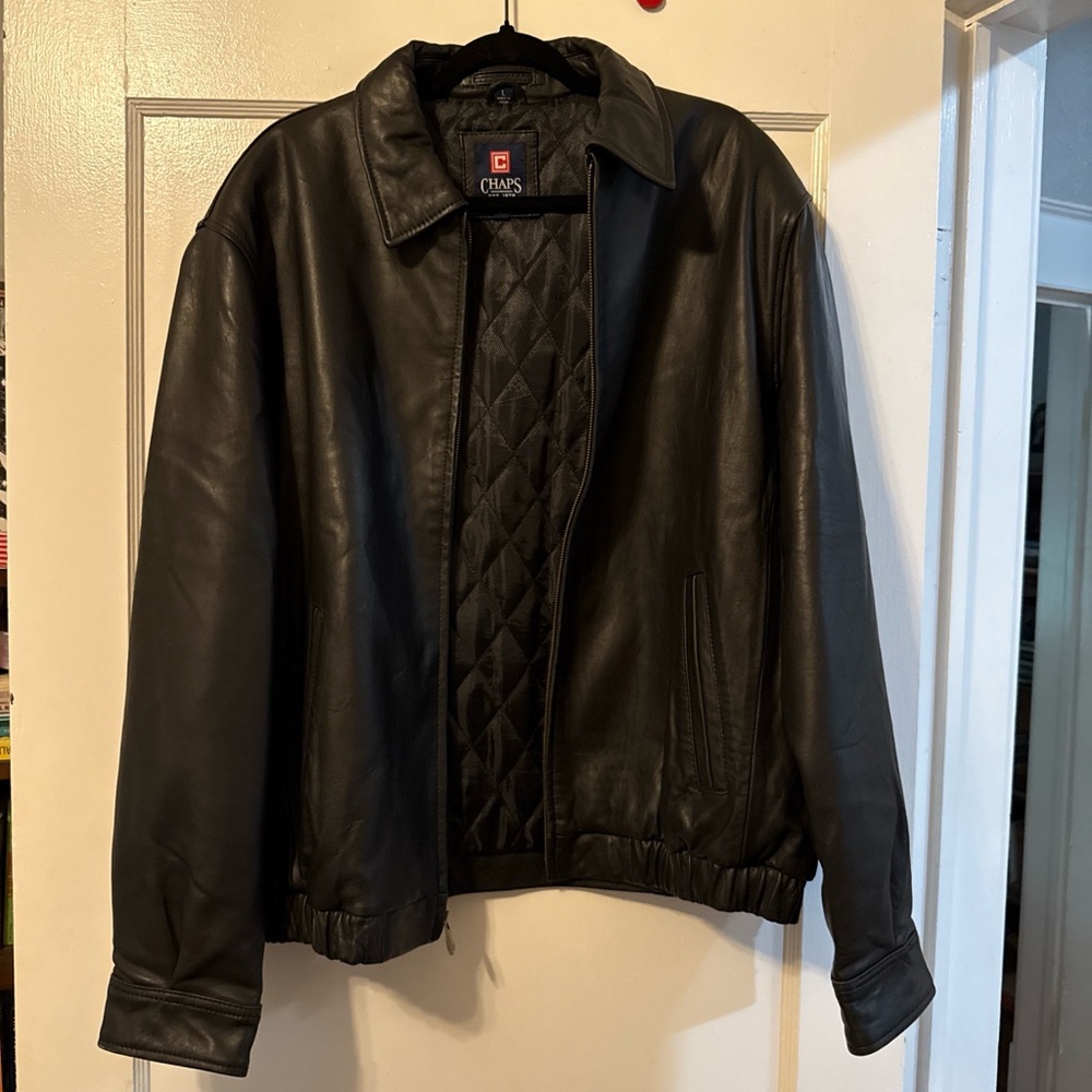 Chaps Black Quilted-Lining Leather Bomber Jacket